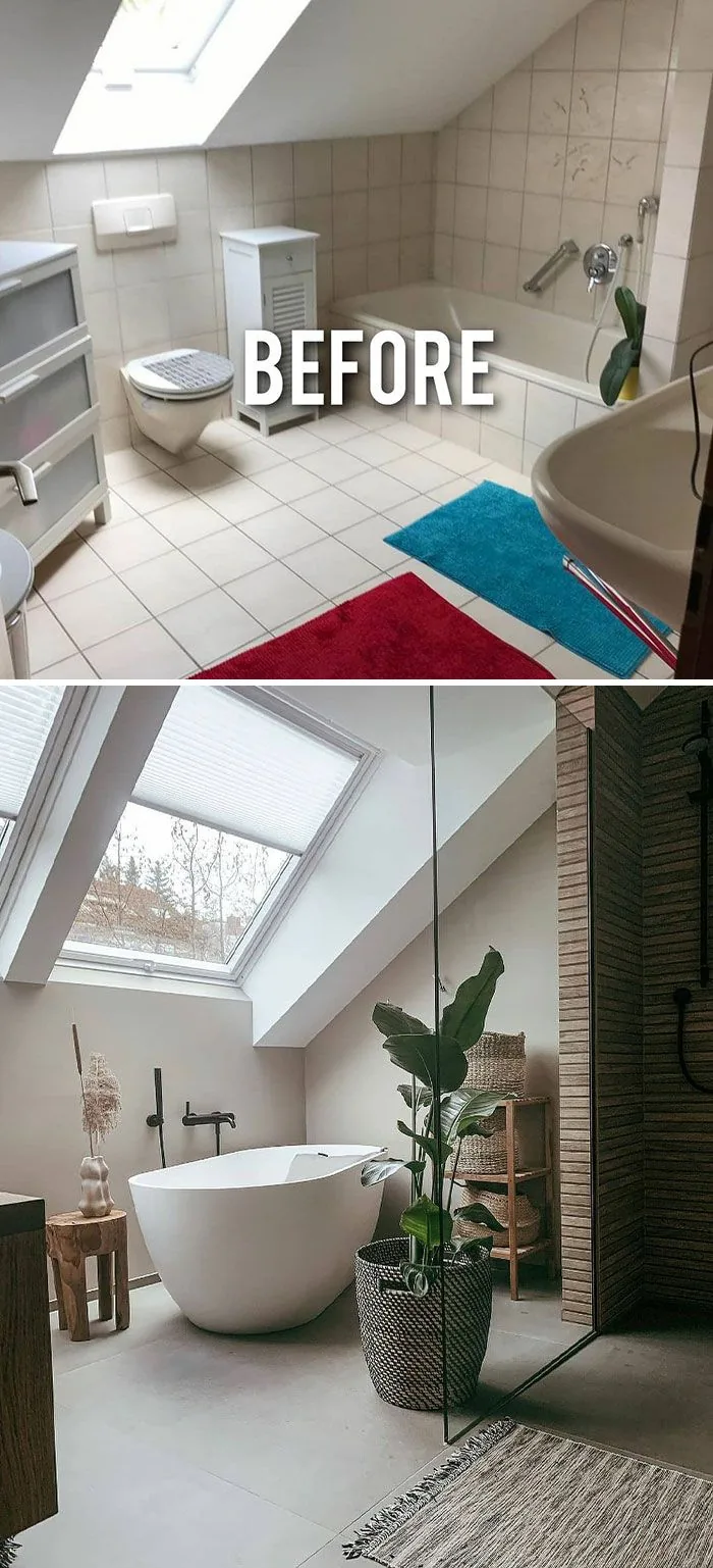 Avant et après : salle de bain sous combles avec baignoire îlot