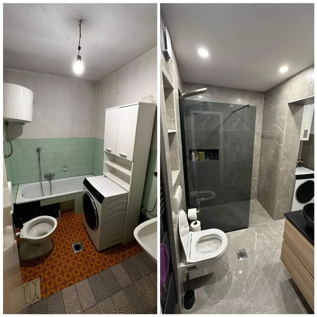 Avant et après : rénovation complète de salle de bain avec douche à l'italienne en marbre gris