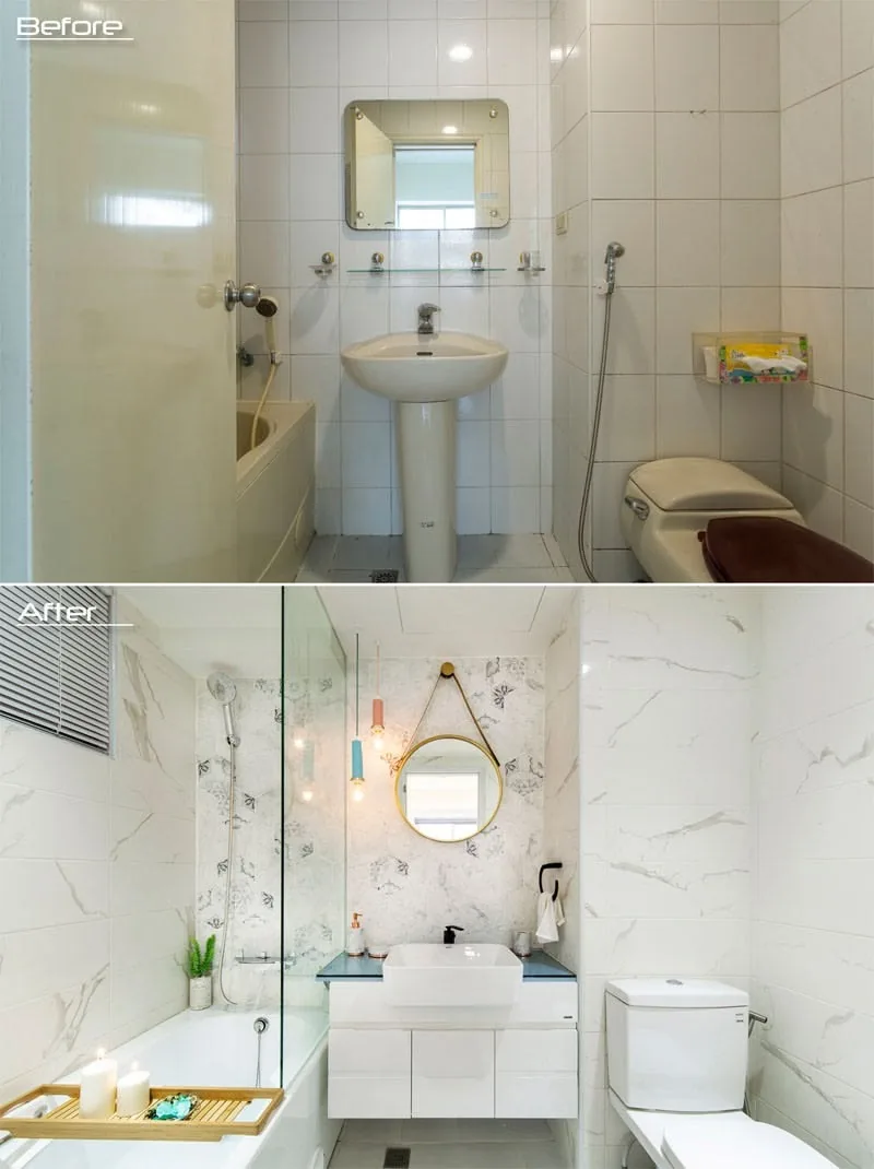 Avant et après : petite salle de bain en marbre blanc